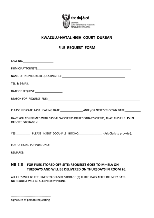 File Request Form - Kwazulu-Natal High Court Durban Printable pdf