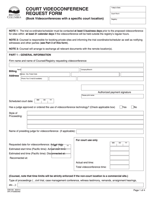 Fillable Form Adm 509 - Court Videoconference Request Form Printable pdf