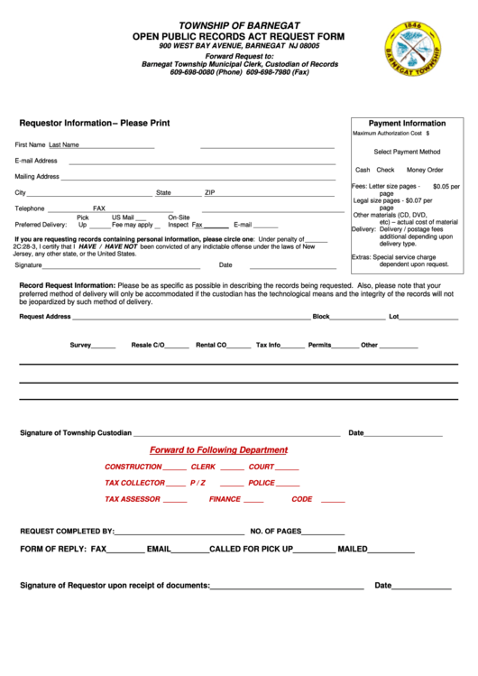 Open Public Records Act Request Form - Township Of Barnegat Printable pdf