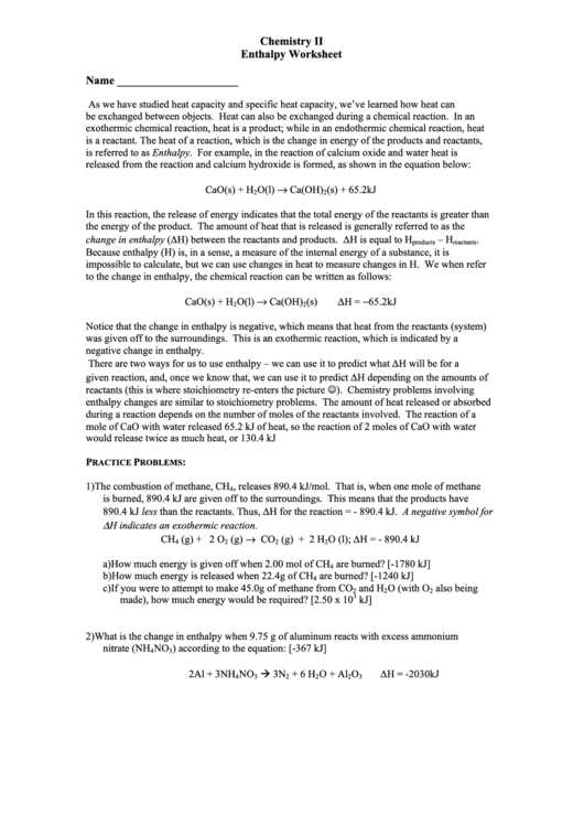 Enthalpy Worksheet Printable pdf