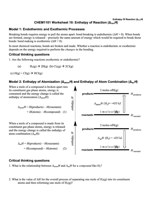 Enthalpy Of Reaction Worksheet Printable pdf