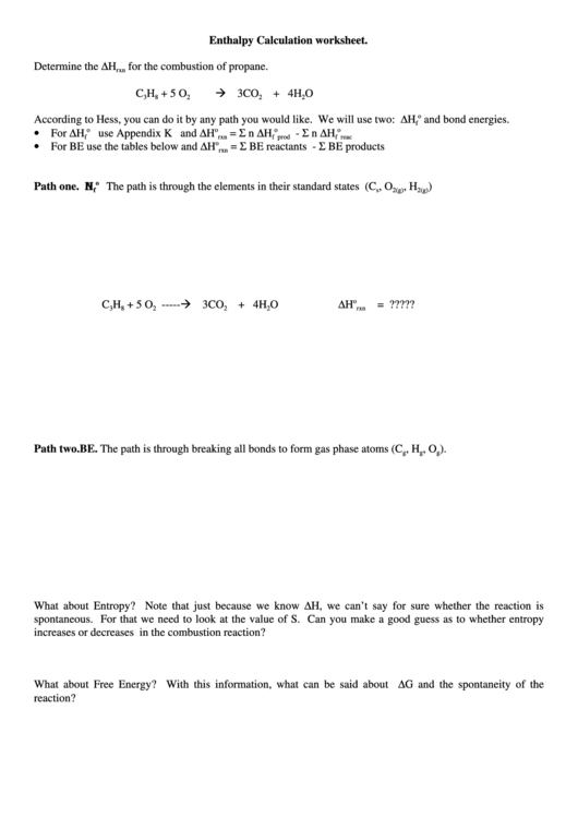 Enthalpy Calculation Worksheet Printable pdf