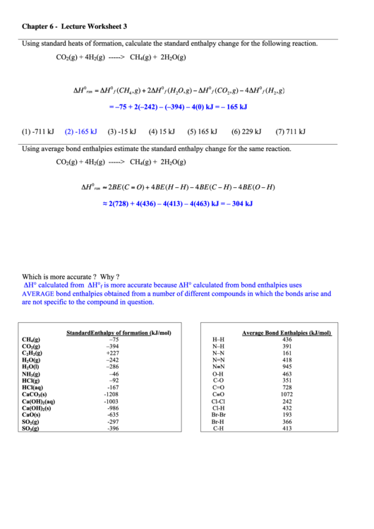 Enthalpy Worksheet With Answers Printable pdf