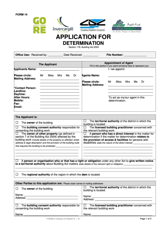 Form 14 - Application For Determination - Invercagill City Council Printable pdf