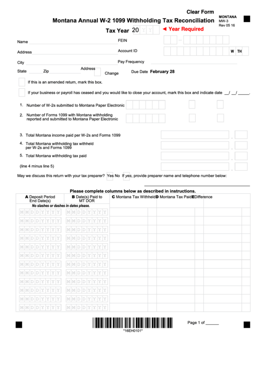 Fillable Form Mw-3 - Montana Annual W-2 1099 Withholding Tax Reconciliation Printable pdf