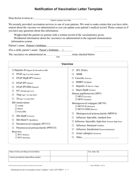 Notification Of Vaccination Letter Template printable pdf download
