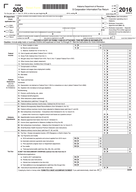 Form 20s - S Corporation Information/tax Return - Alabama Department Of Revenue - 2016