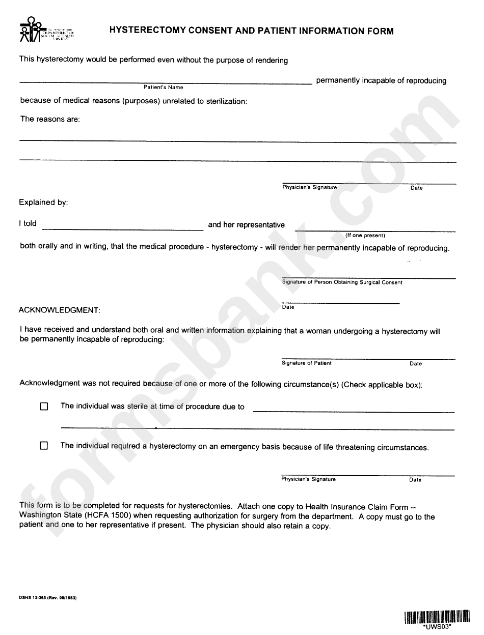 Form Dshs 13-385 - Hysterectomy Consent And Patient Information Form