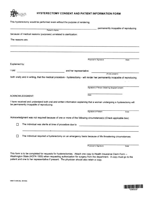 Form Dshs 13-385 - Hysterectomy Consent And Patient Information Form Printable pdf