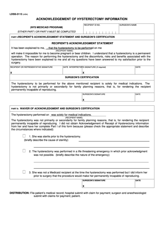 Form Ldss-3113 - Acknowledgement Of Hysterectomy Information Printable pdf