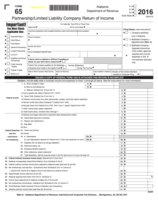 Form 65 - Partnership/limited Liability Company Return Of Income - Alabama Department Of Revenue - 2016