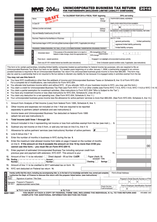 Form 204ez Draft - Unincorporated Business Tax Return For Partnerships - 2016 Printable pdf