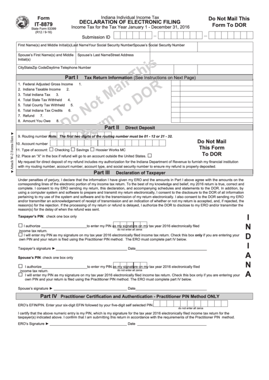 Fillable Form It-8879 - Indiana Individual Income Tax - Declaration Of Electronic Filing - 2016 Printable pdf