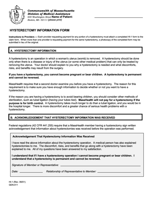 Form Hi-1 - Hysterectomy Information Form Printable pdf
