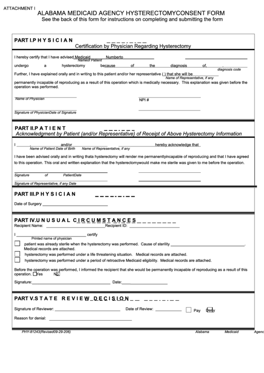 Fillable Form Phy-81243 - Alabama Medicaid Agency Hysterectomy Consent Form Printable pdf