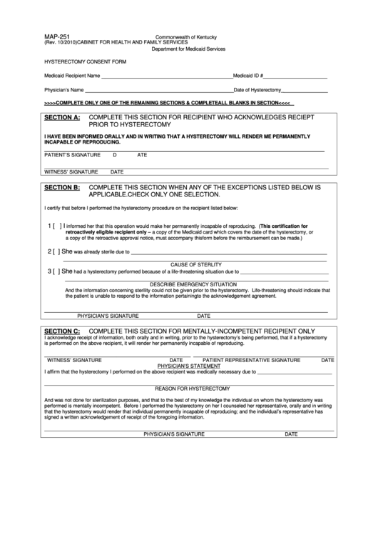 Form Map-251 - Hysterectomy Consent Form Printable pdf