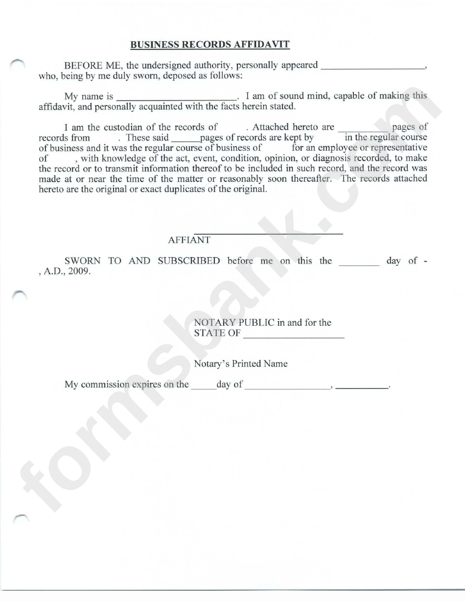 Business Records Affidavit Form