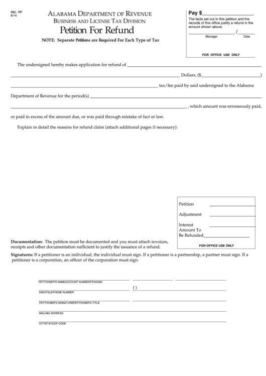 Fillable Form B&l: Rp - Petition For Refund Printable pdf