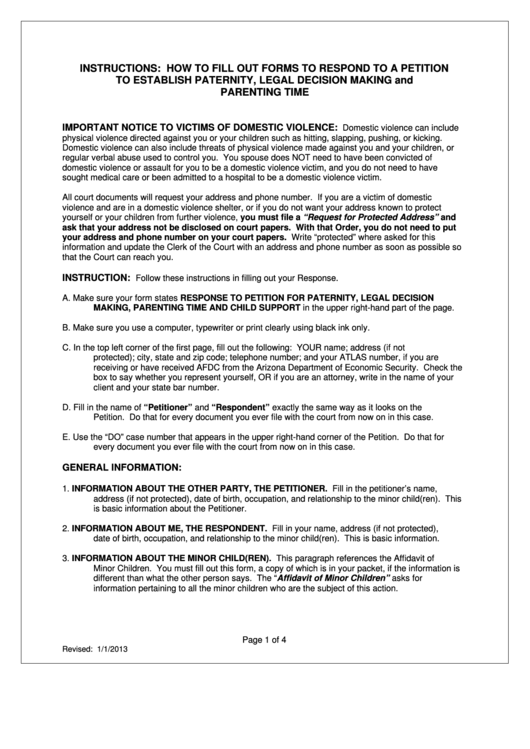 Instructions: How To Fill Out Forms To Respond To A Petition To Establish Paternity, Legal Decision Making And Parenting Time Printable pdf