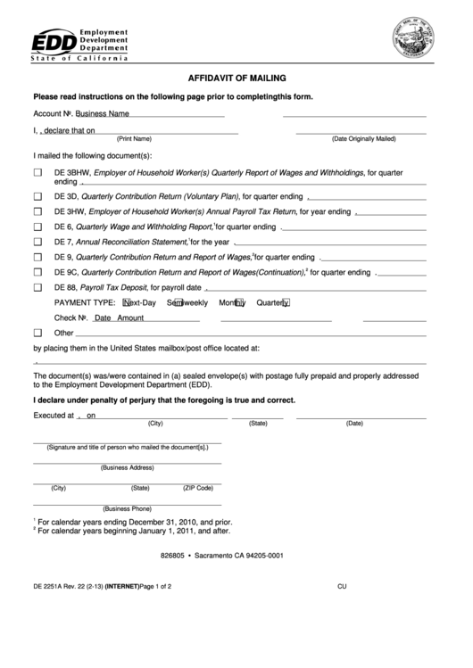 Fillable Form De 2251a - Affidavit Of Mailing Printable pdf