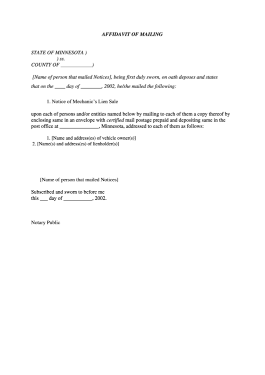 Minnesota Affidavit Of Mailing Printable pdf