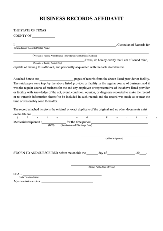 Texas Business Records Affidavit Printable pdf