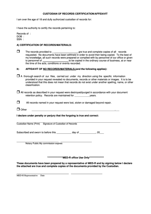 Custodian Of Records Certification/affidavit Printable pdf