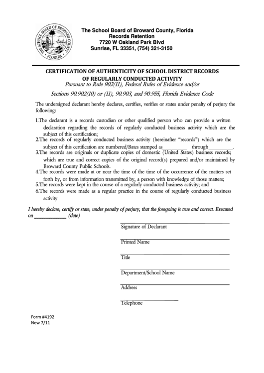 Form 4192 - Certification Of Authenticity Of School District Records Of Regularly Conducted Activity Printable pdf