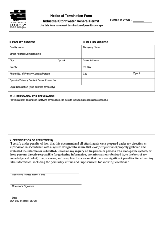 Fillable Form Ecy 020-86 - Notice Of Termination Form Industrial Stormwater General Permit Printable pdf