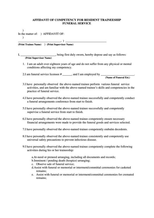Affidavit Of Competency For Resident Traineeship Funeral Service Printable pdf