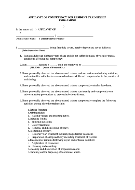 Affidavit Of Competency For Resident Traineeship Embalming Printable pdf