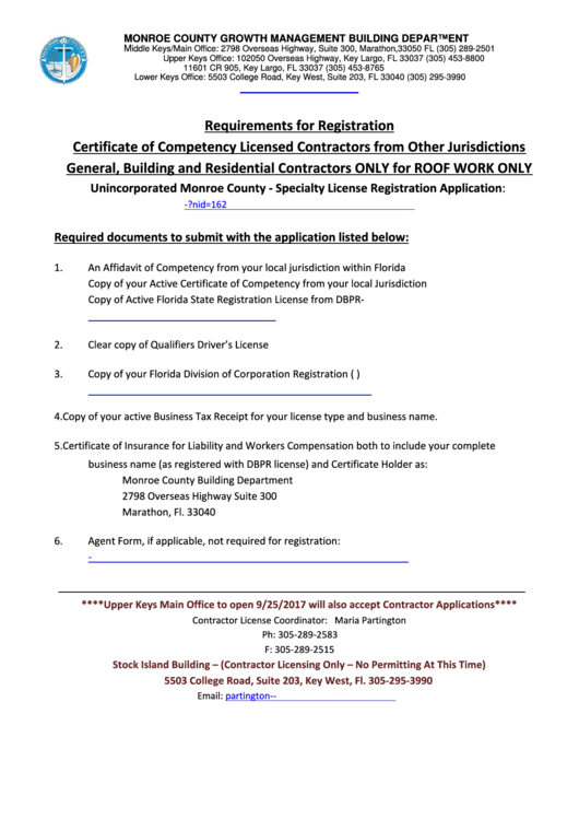 Requirements For Registration Certificate Of Competency Licensed Contractors From Other Jurisdictions General, Building And Residential Contractors Only For Roof Work Only Printable pdf