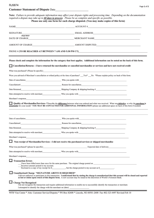 Form Rj5874 - Customer Statement Of Dispute Form Printable pdf