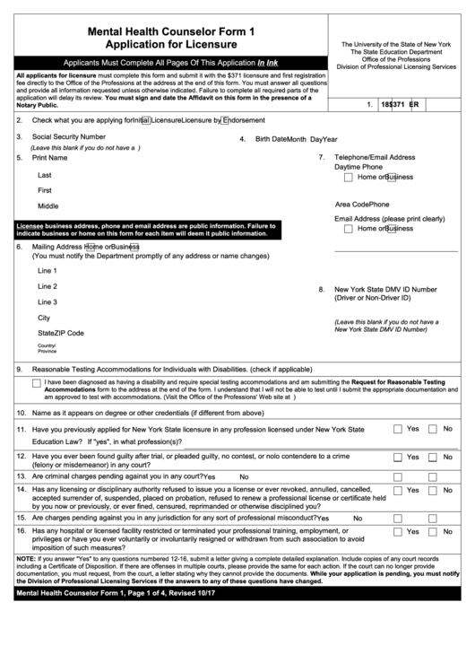 Mental Health Counselor Application For Licensure - The University Of The State Of New York The State Education Department - 2016 Printable pdf