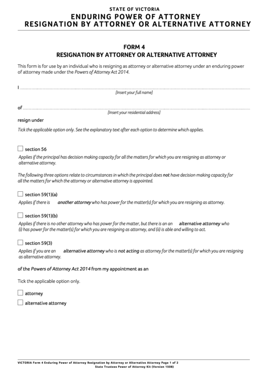 Form 4 - Enduring Power Of Attorney Resignation By Attorney Or Alternative Attorney Printable pdf