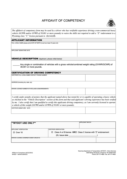 Affidavit Of Competency - Wyoming Department Of Transportation Printable pdf