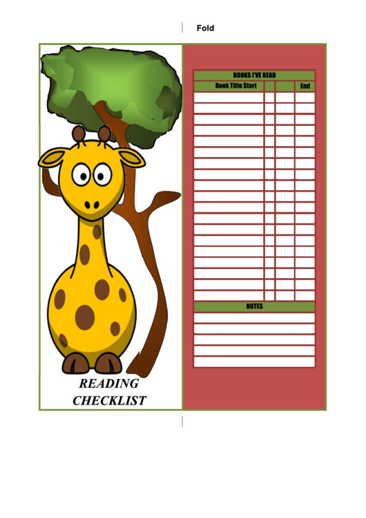 Giraffe Reading Checklist Bookmark