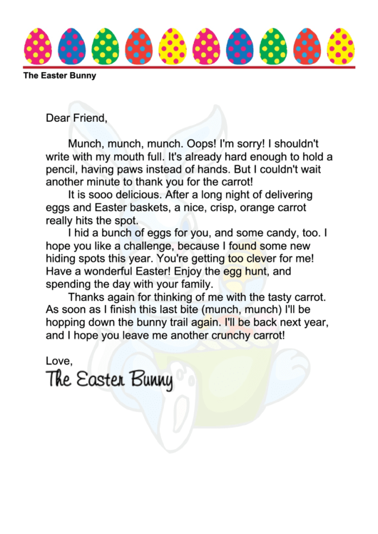Easter Bunny Letter Template - Thanks For Carrots Printable pdf