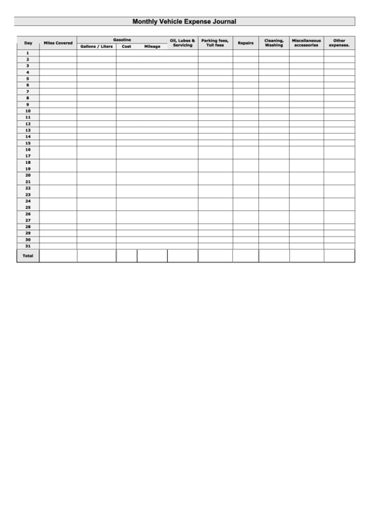 Monthly Vehicle Expense Journal Template Printable pdf