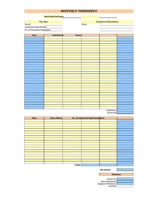 Monthly Timesheet Template - Yellow And Blue Printable pdf