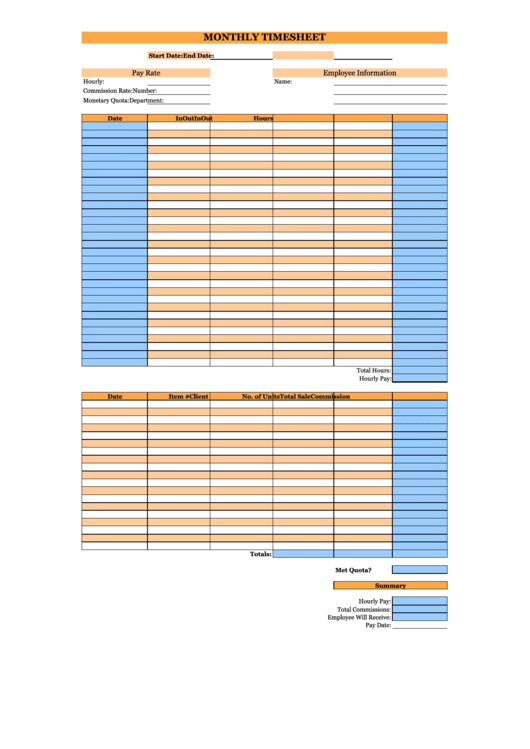 Monthly Timesheet Template - Orange And Blue Printable pdf