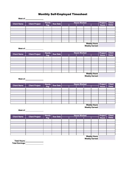 Monthly Self Employed Timesheet Printable Pdf Download