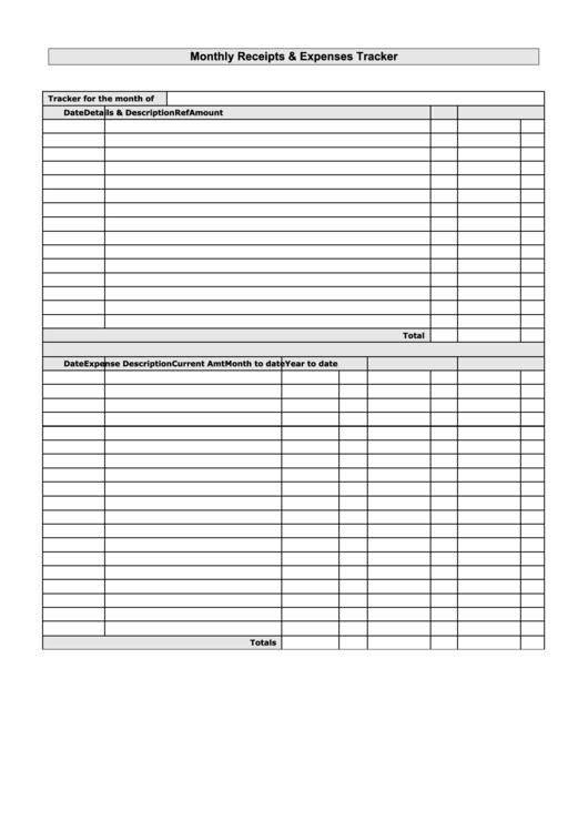 Monthly Receipts And Expenses Tracker Printable pdf