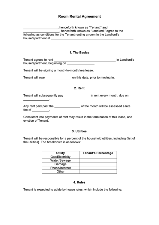 Room Rental Agreement Template Printable pdf