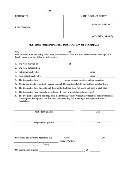 Petition For Simplified Dissolution Of Marriage Printable pdf