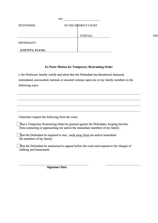 Ex Parte Motion For Temporary Restraining Order Printable Pdf Download