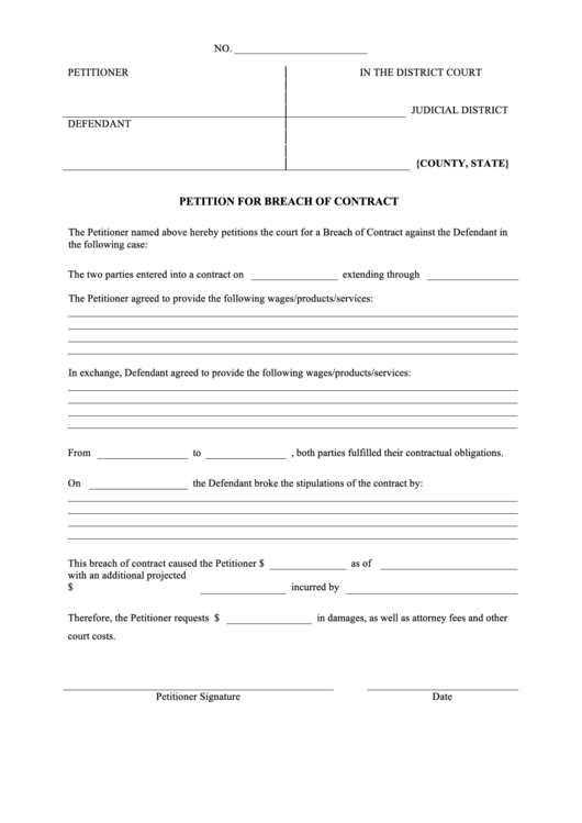 Petition For Breach Of Contract Against The Defendant Printable pdf