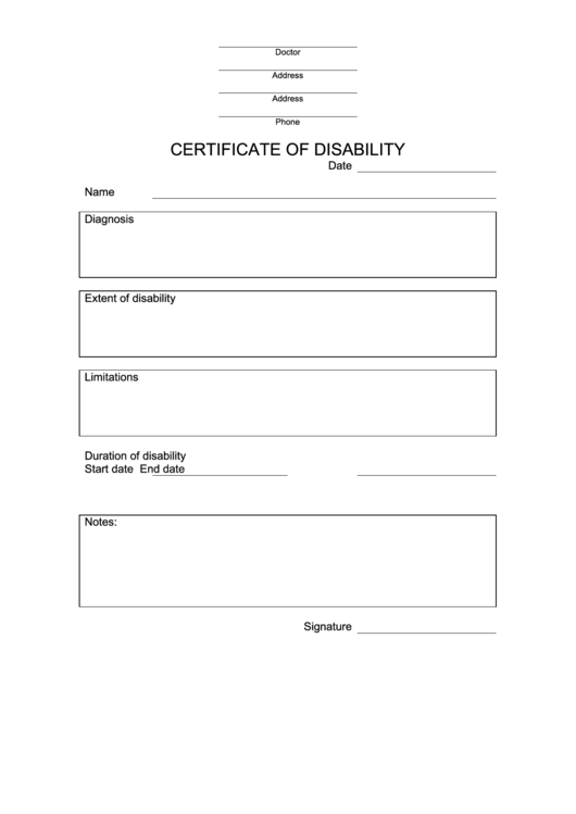 Certificate Of Disability Form Printable pdf