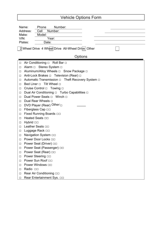 Vehicle Options Form Printable pdf