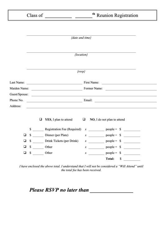 Class Reunion Registration Printable pdf